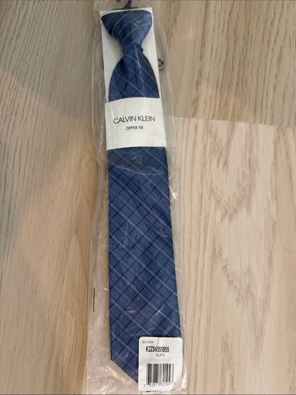 Calvin Klein Slate Blue Diagonal Check Zipper Tie